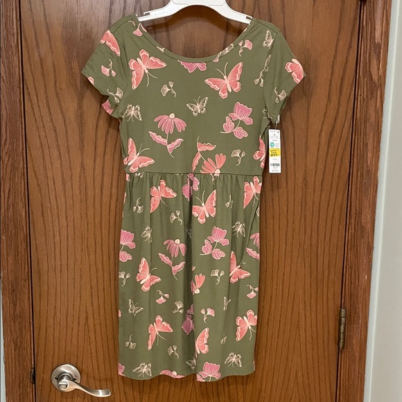 CARTERS NWT Girls Size 12 Olive Green Dress Pink Butterfly Print short sleeve - Picture 4 of 15